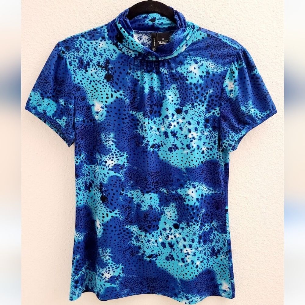 New Directions Blue Cowl Neck Polyester Stretch Pullover Top, Size L